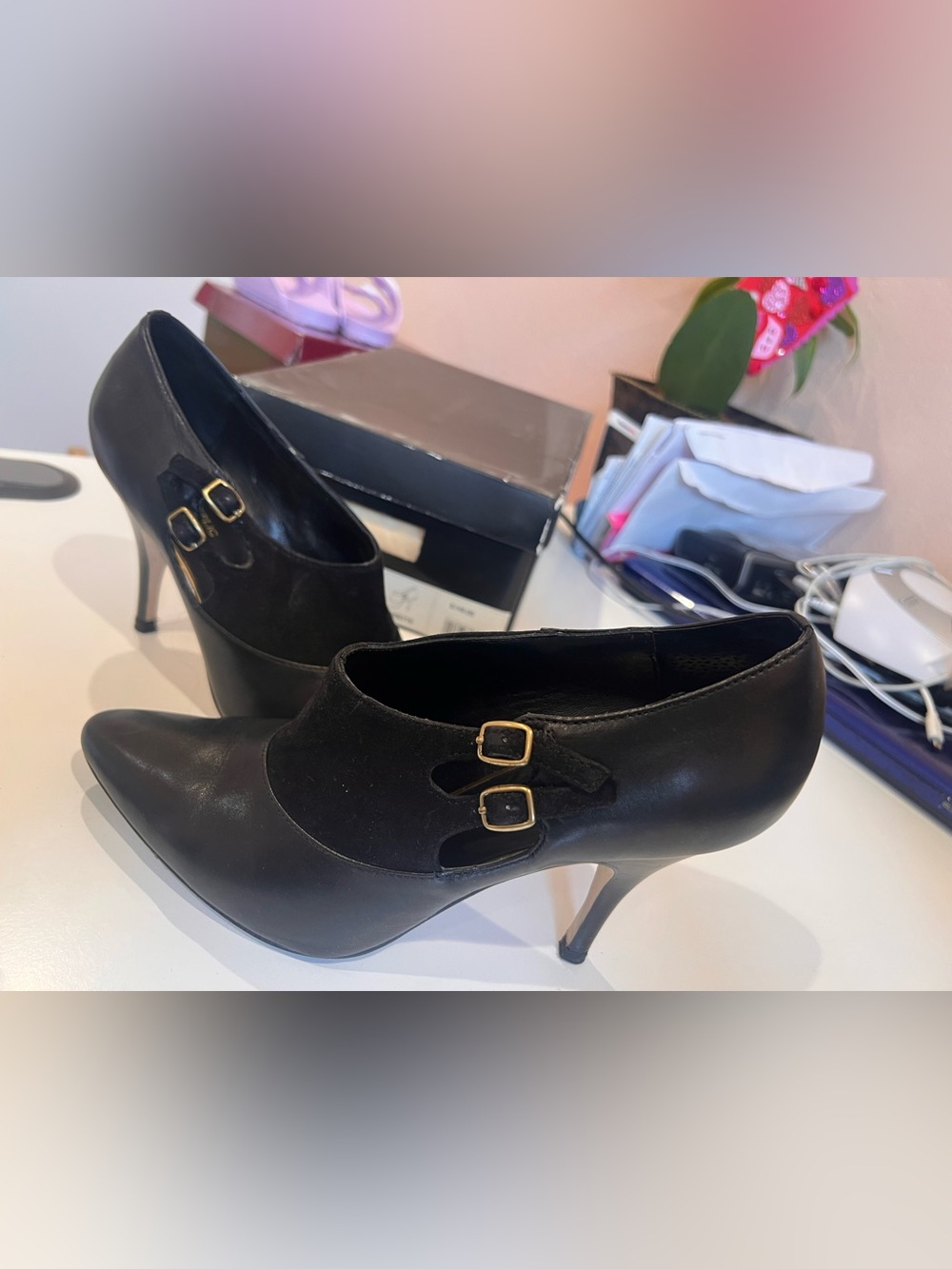 Banana Republic Black Leather and Suede Pointed Toe Heeled Booties